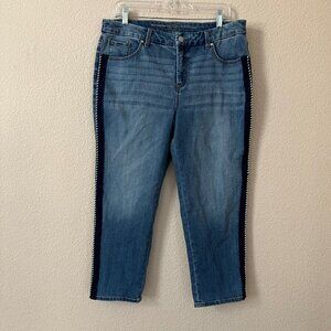 Chico's So Slimming 12 Women Blue Boho Girlfriend Crop Lace Detail Denim Jeans